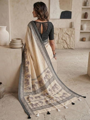 Cream Linen Saree with Animal Print and Contrast Border - Image 2
