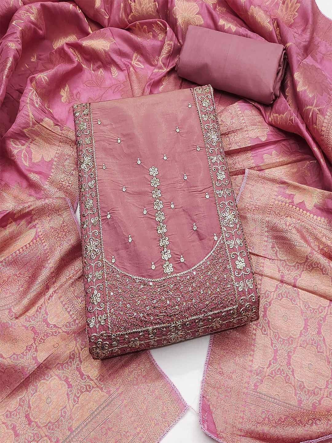 Elegant Dusty Pink Shimmer Dress Material with Embroidered Details - Image 1