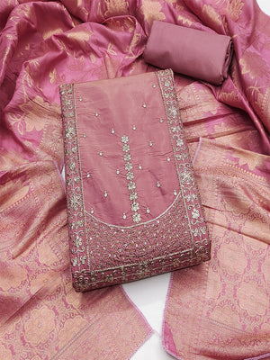 Elegant Dusty Pink Shimmer Dress Material with Embroidered Details - Image 2
