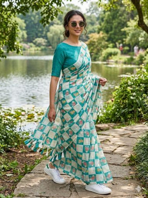 Turquoise Checked Linen Saree with Floral Prints - Image 1