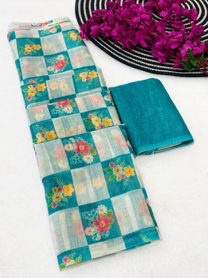 Turquoise Checked Linen Saree with Floral Prints - Image 2