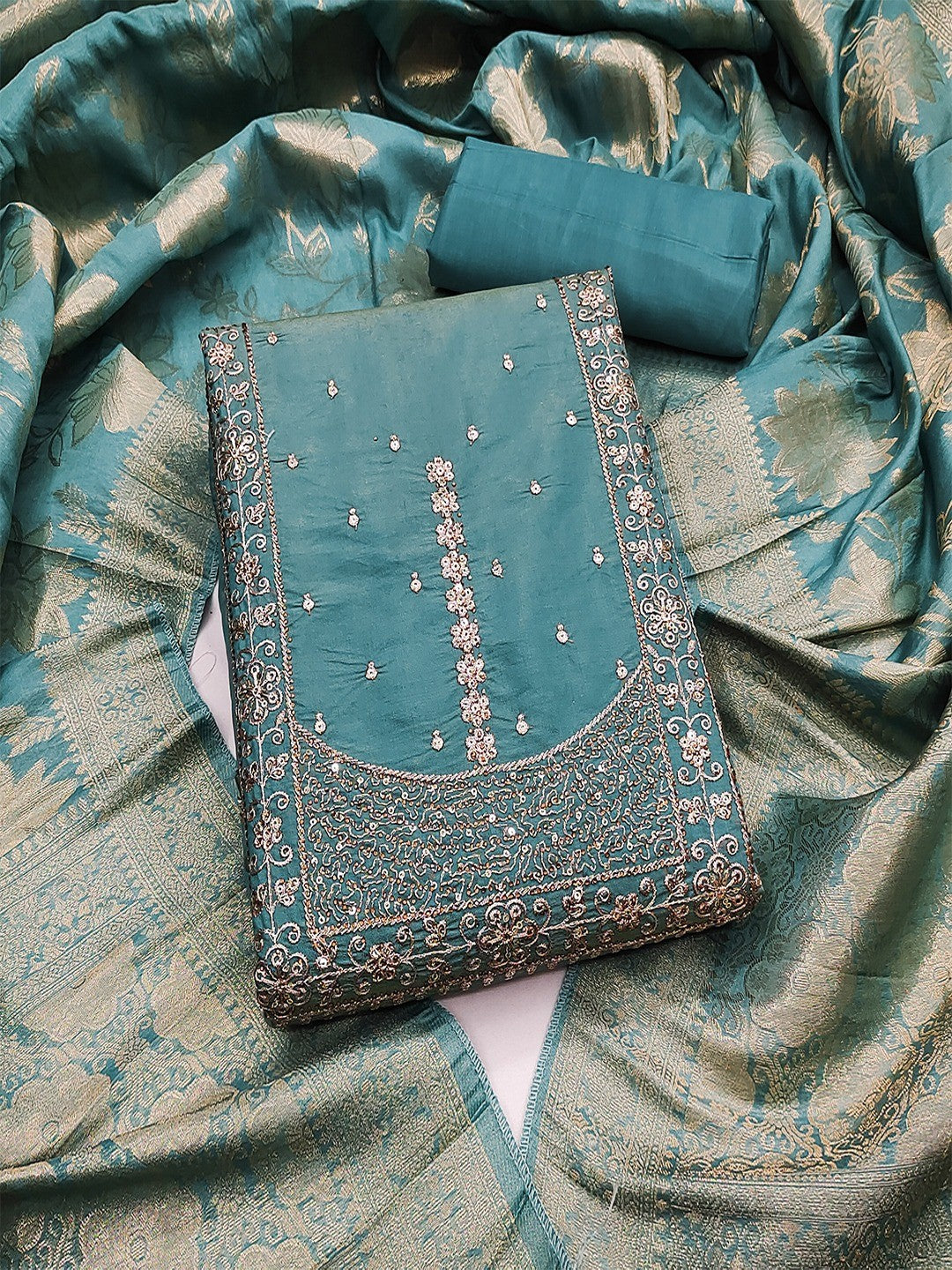 Elegant Blue Shimmer Dress Material with Embroidered Details - Image 1