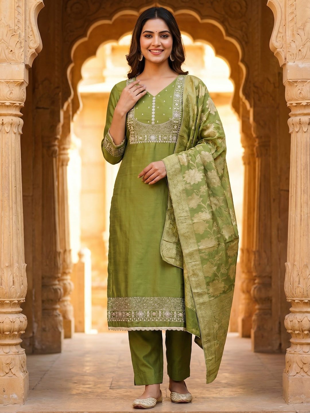 Elegant Green Shimmer Dress Material with Embroidered Details - Image 2
