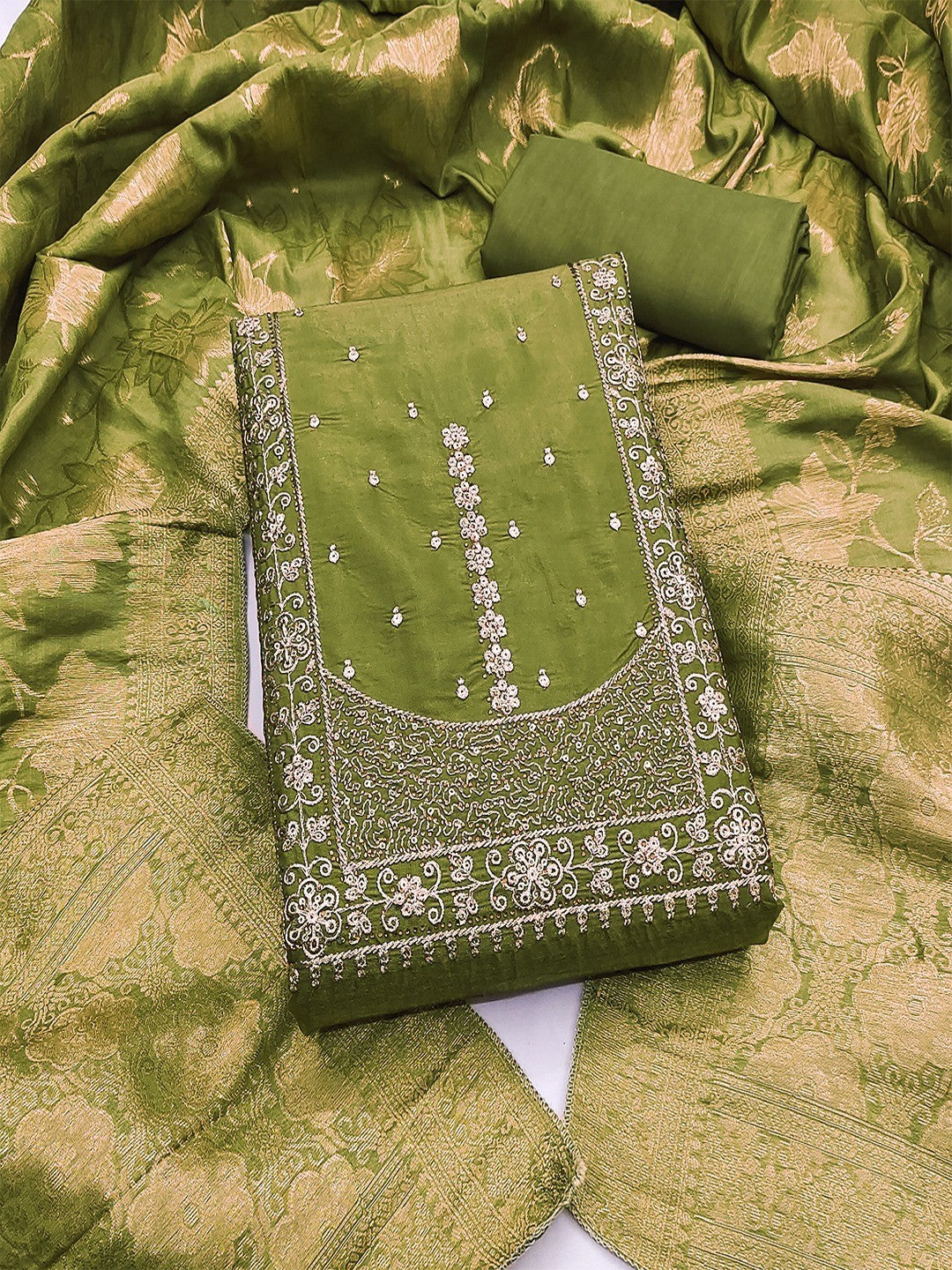 Elegant Green Shimmer Dress Material with Embroidered Details - Image 1