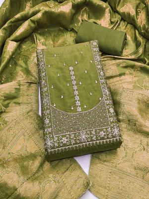 Elegant Green Shimmer Dress Material with Embroidered Details - Image 1