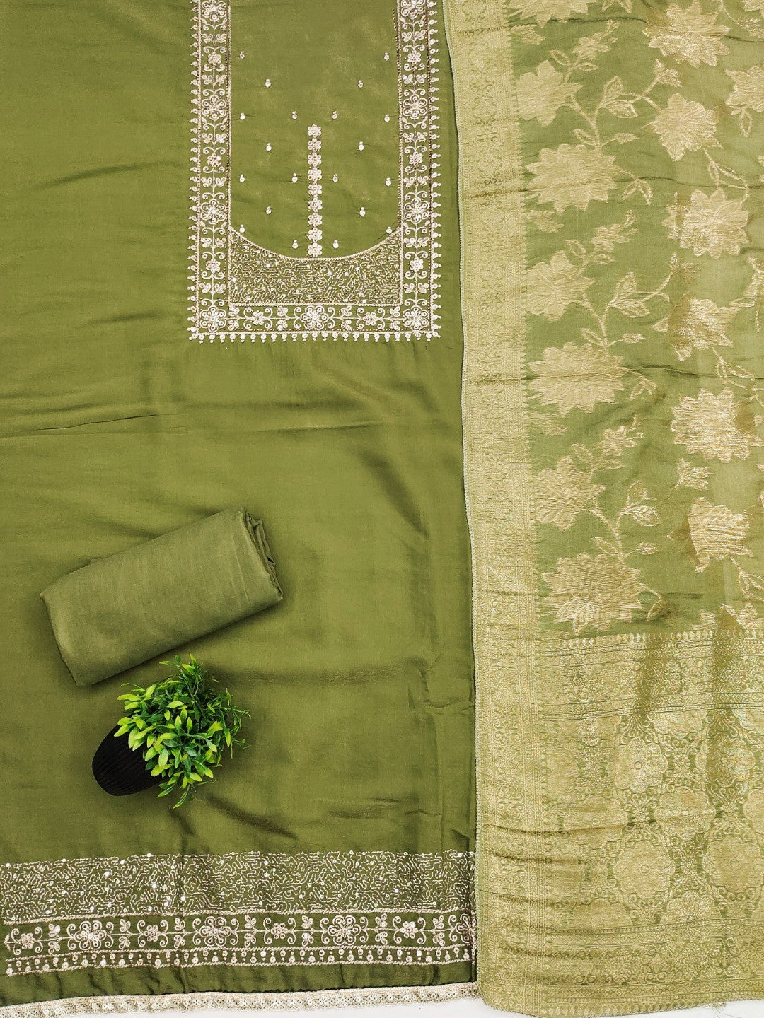 Elegant Green Shimmer Dress Material with Embroidered Details - Image 3