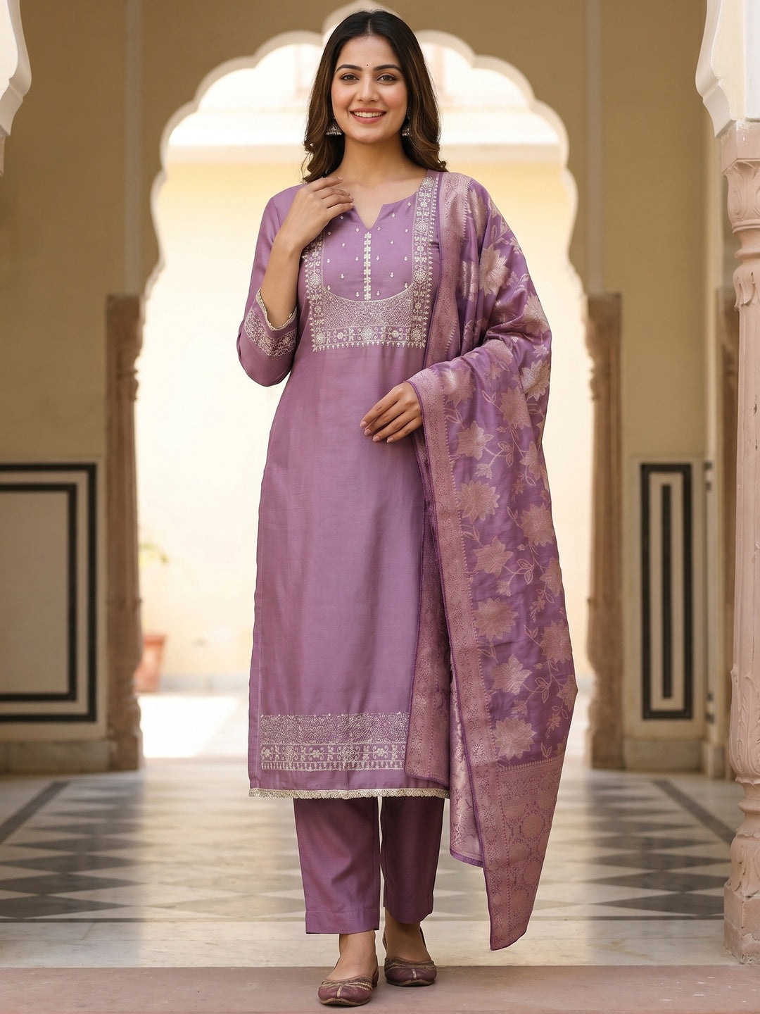 Elegant Purple Shimmer Dress Material with Embroidered Details - Image 2