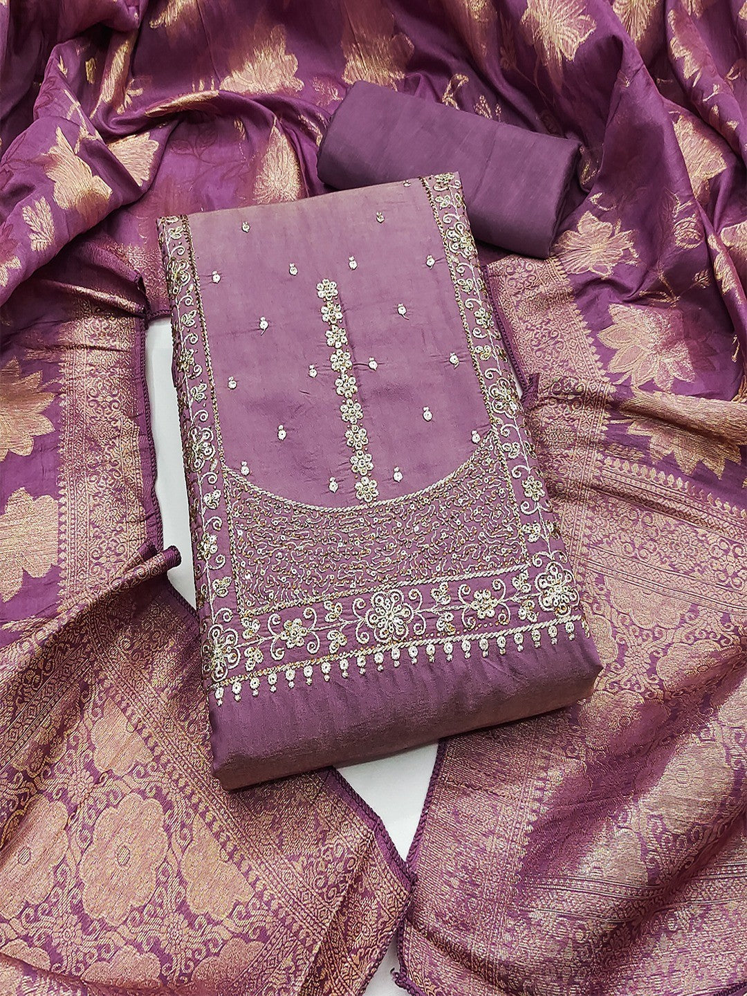 Elegant Purple Shimmer Dress Material with Embroidered Details - Image 1