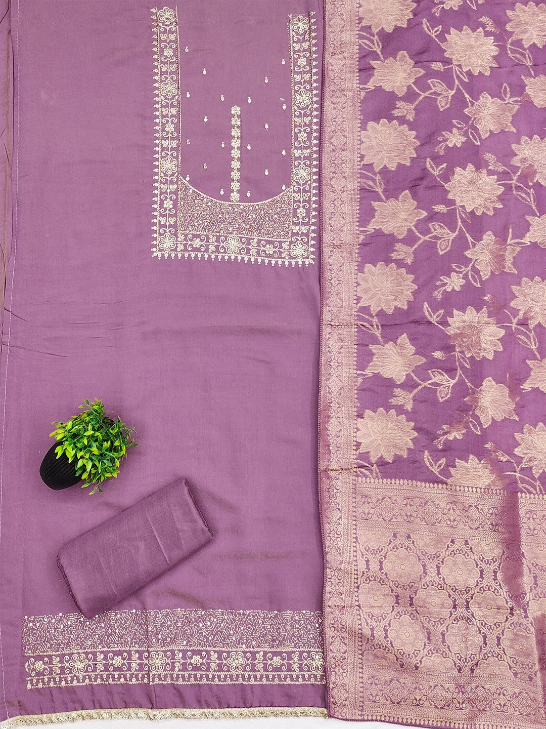 Elegant Purple Shimmer Dress Material with Embroidered Details - Image 3