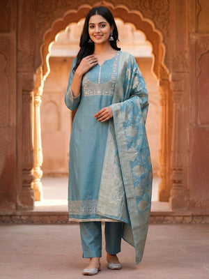 Elegant Blue Shimmer Dress Material with Embroidered Details - Image 1
