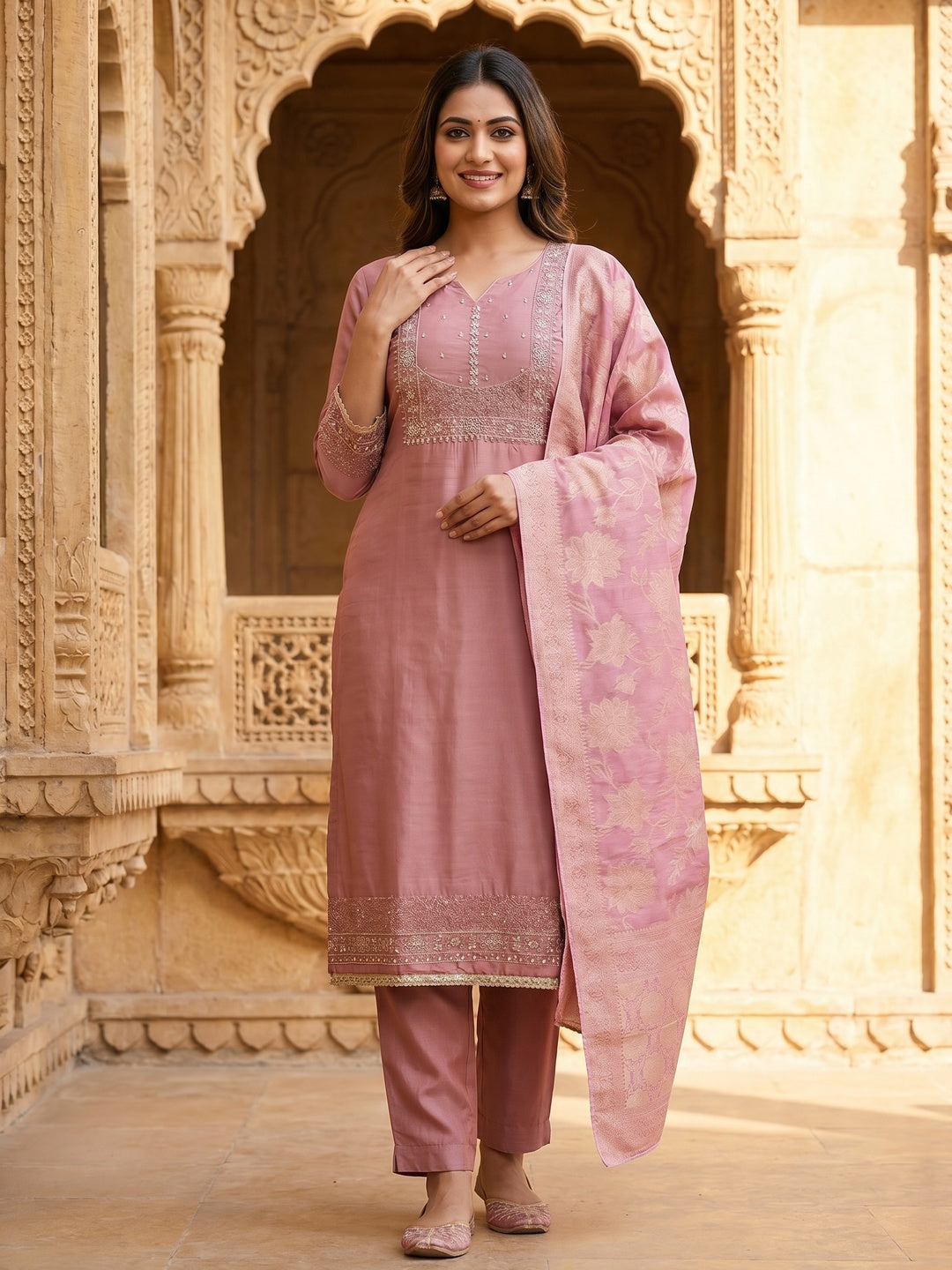 Elegant Dusty Pink Shimmer Dress Material with Embroidered Details - Image 2