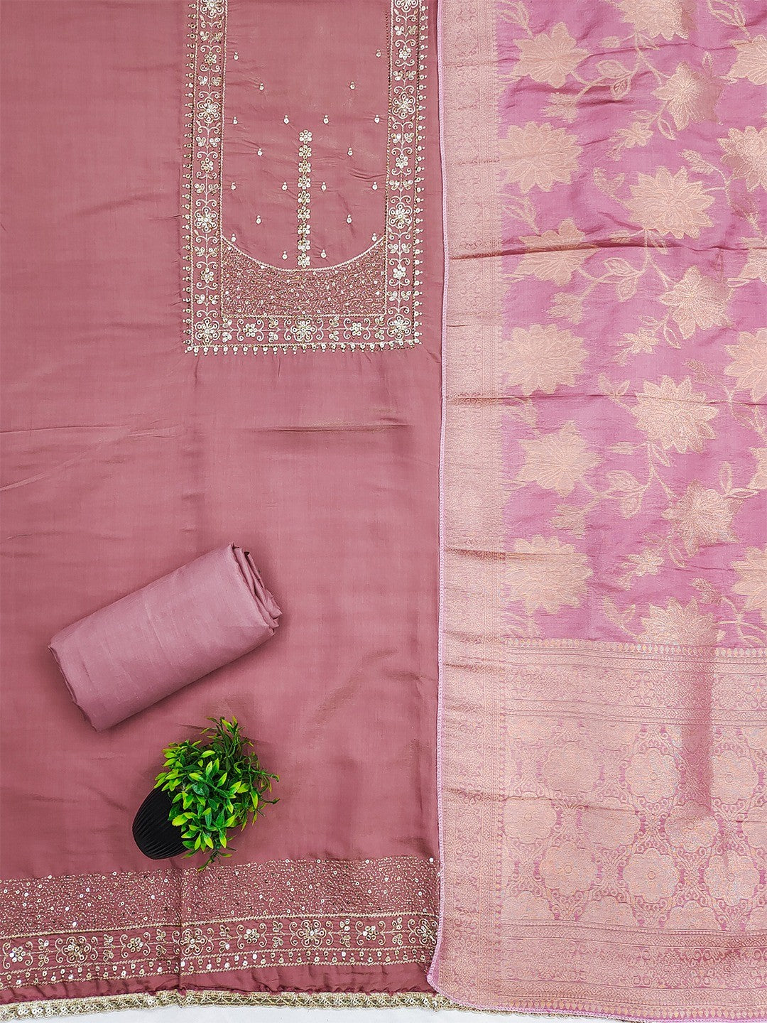 Elegant Dusty Pink Shimmer Dress Material with Embroidered Details - Image 3