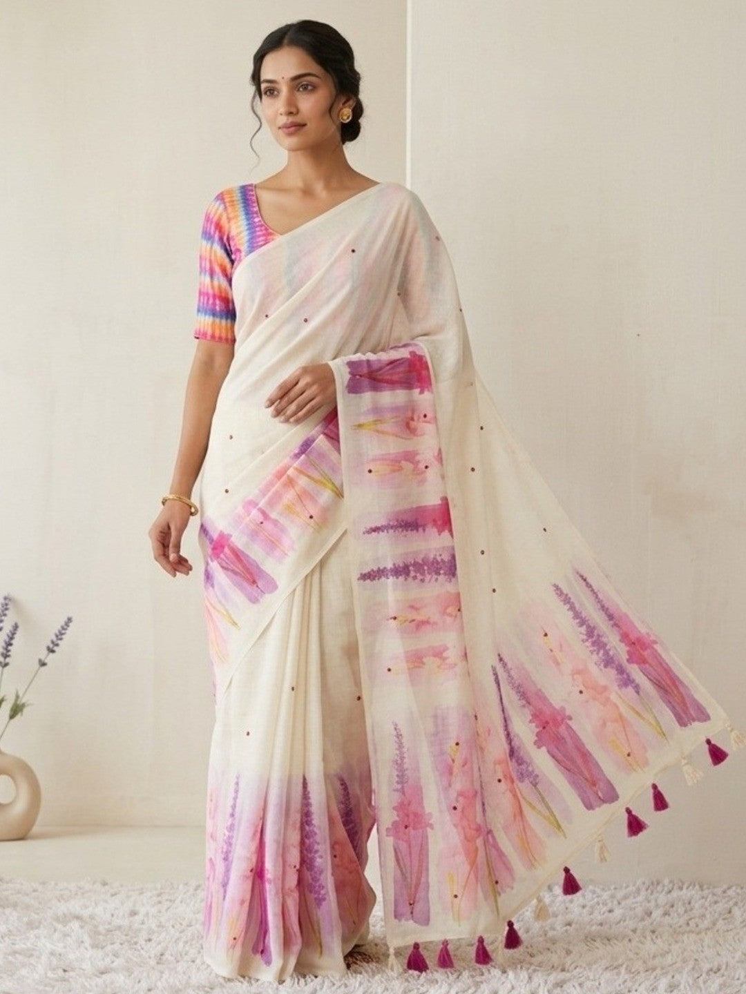 Elegant Cream Linen Saree with Floral Print and Shibori Blouse - Image 1