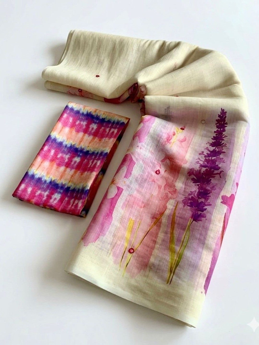 Elegant Cream Linen Saree with Floral Print and Shibori Blouse - Image 3