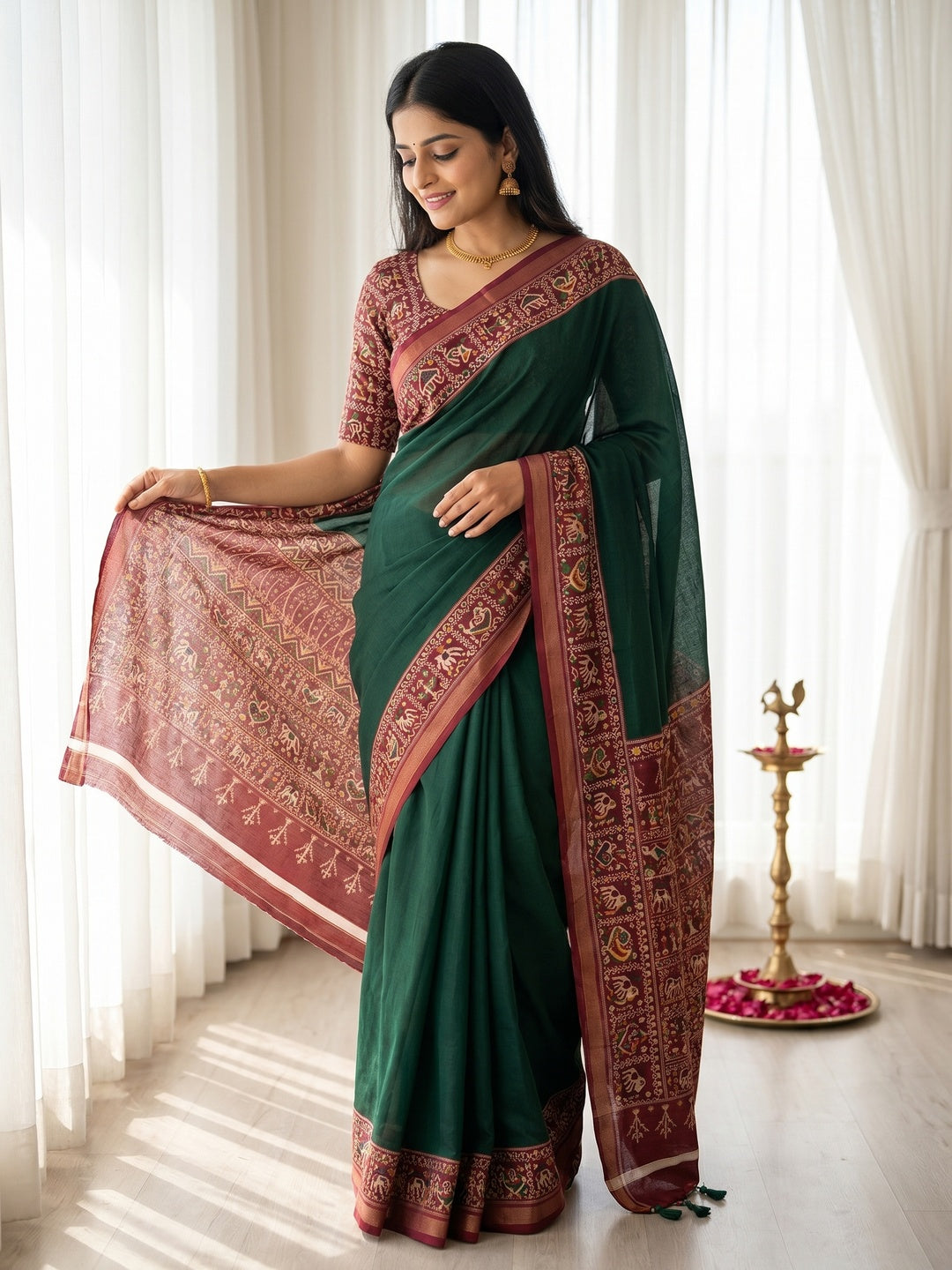 Elegant Green Mulmul Cotton Saree with Traditional Printed Border - Image 1