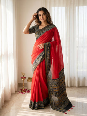 Elegant Red Mulmul Cotton Saree with Traditional Ikkat Print Border - Image 1