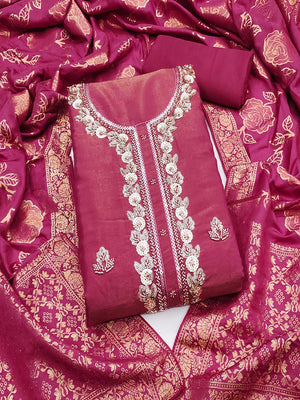 Elegant Pink Shimmer Unstitched Dress Material with Floral Dupatta - Image 1