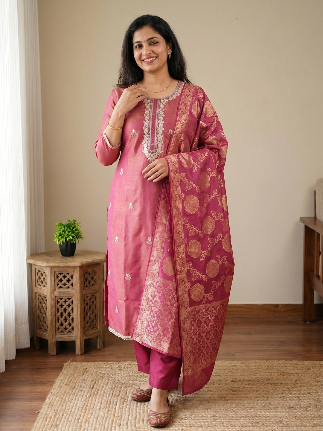 Elegant Pink Shimmer Unstitched Dress Material with Floral Dupatta - Image 2