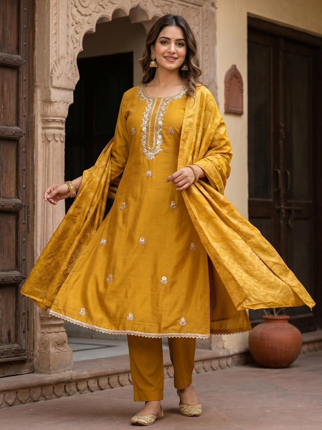 Elegant Mustard Shimmer Unstitched Dress Material with Floral Dupatta - Image 2