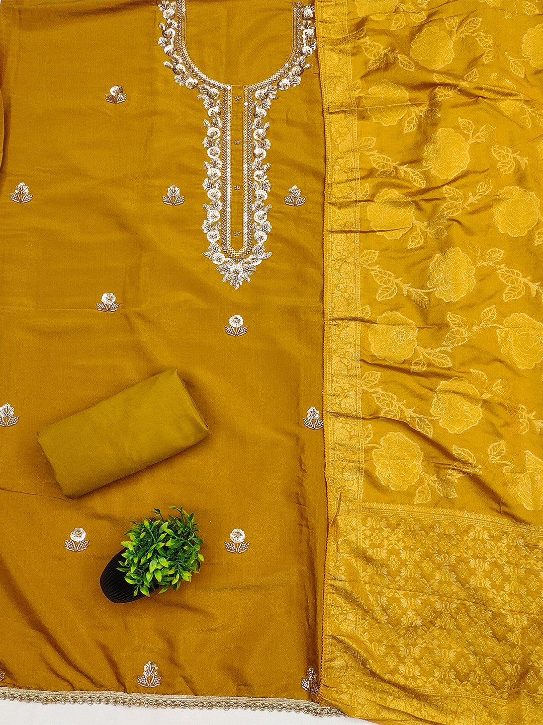 Elegant Mustard Shimmer Unstitched Dress Material with Floral Dupatta - Image 3
