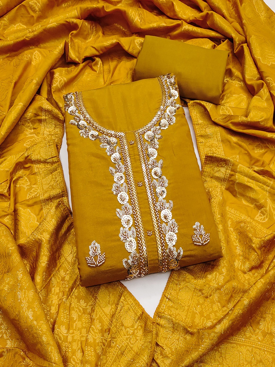 Elegant Mustard Shimmer Unstitched Dress Material with Floral Dupatta - Image 1