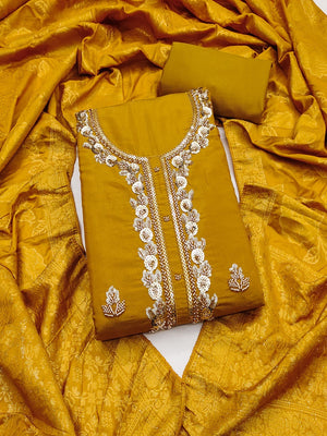 Elegant Mustard Shimmer Unstitched Dress Material with Floral Dupatta - Image 1