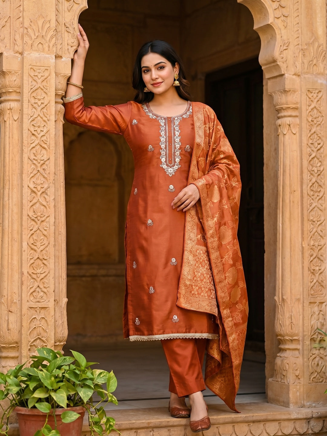 Elegant Rust Shimmer Unstitched Dress Material with Floral Dupatta - Image 2