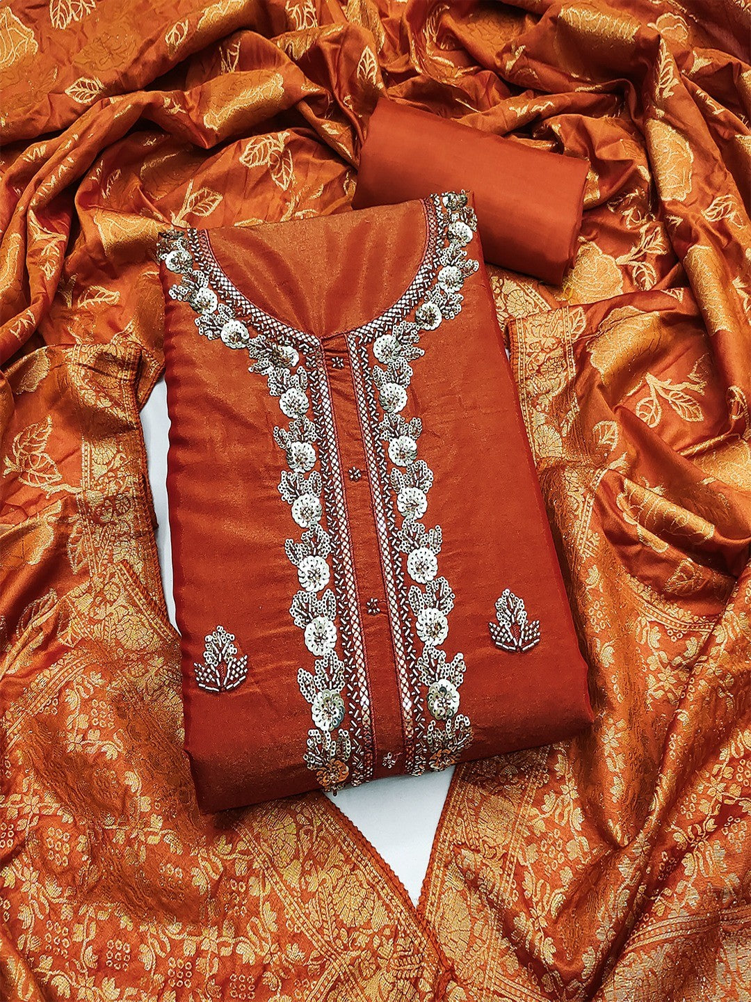 Elegant Rust Shimmer Unstitched Dress Material with Floral Dupatta - Image 1