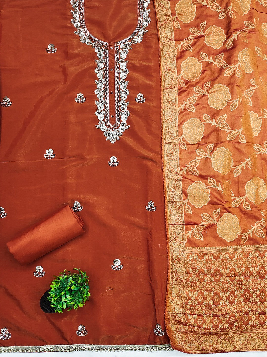 Elegant Rust Shimmer Unstitched Dress Material with Floral Dupatta - Image 3