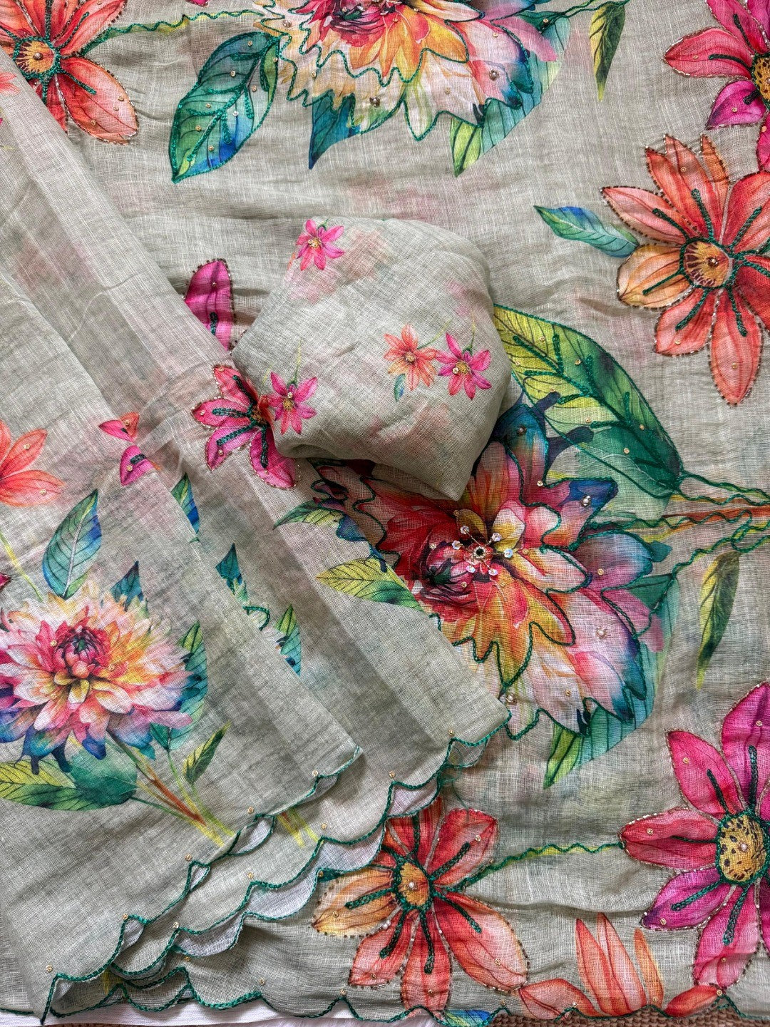Stunning Green Floral Digital Printed Linen Silk Saree With Intricate Moti Khatli Embroidered Work - Image 6
