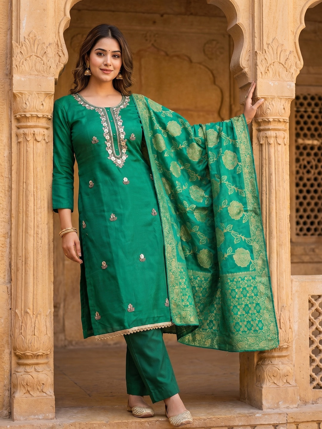 Elegant Rama Green Shimmer Unstitched Dress Material with Floral Dupatta - Image 2