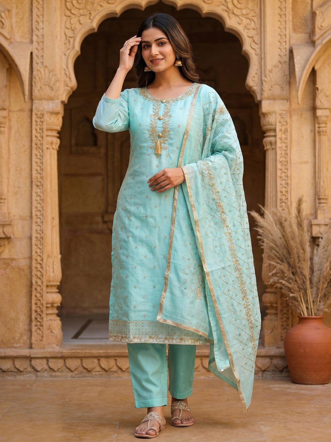 Premium Blue Floral Embroidery With Zari Work Chanderi Silk Dress Material - Image 2