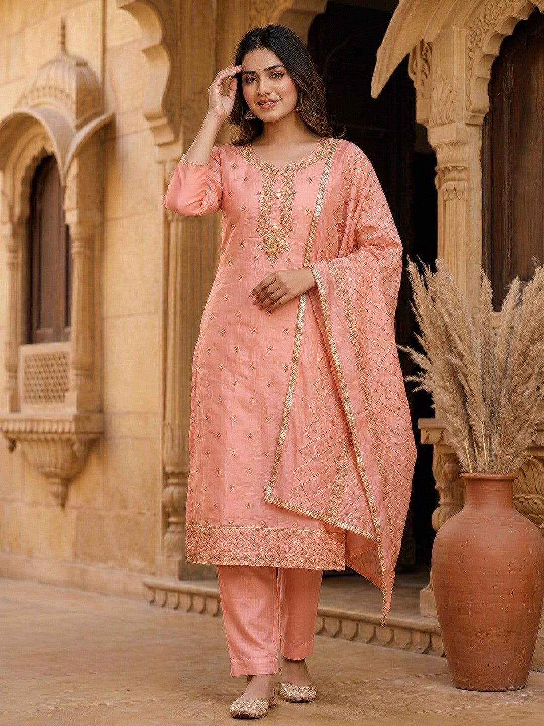 Premium Peach Floral Embroidery With Zari Work Chanderi Silk Dress Material - Image 2