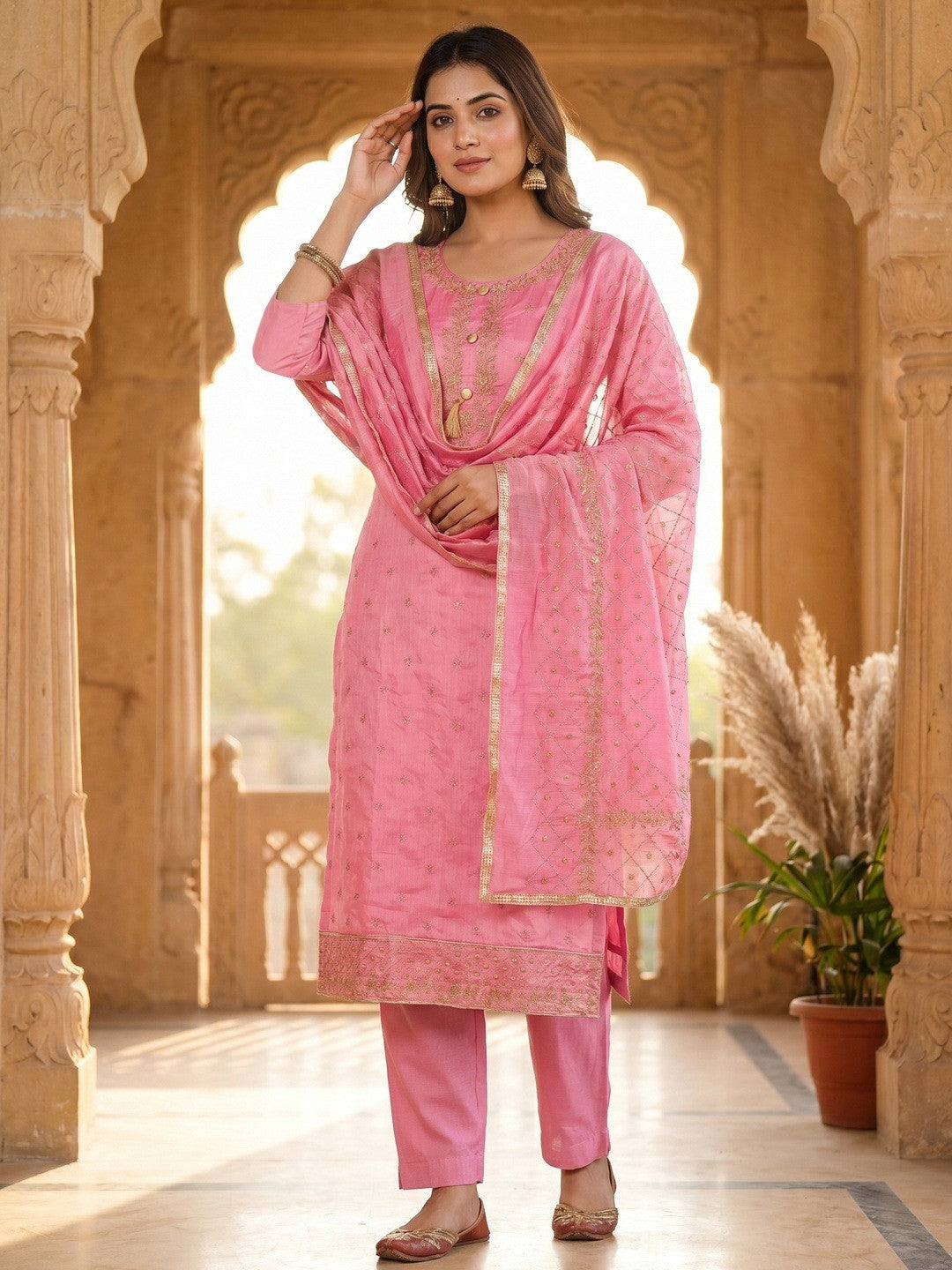 Premium Pink Floral Embroidery With Zari Work Chanderi Silk Dress Material - Image 2