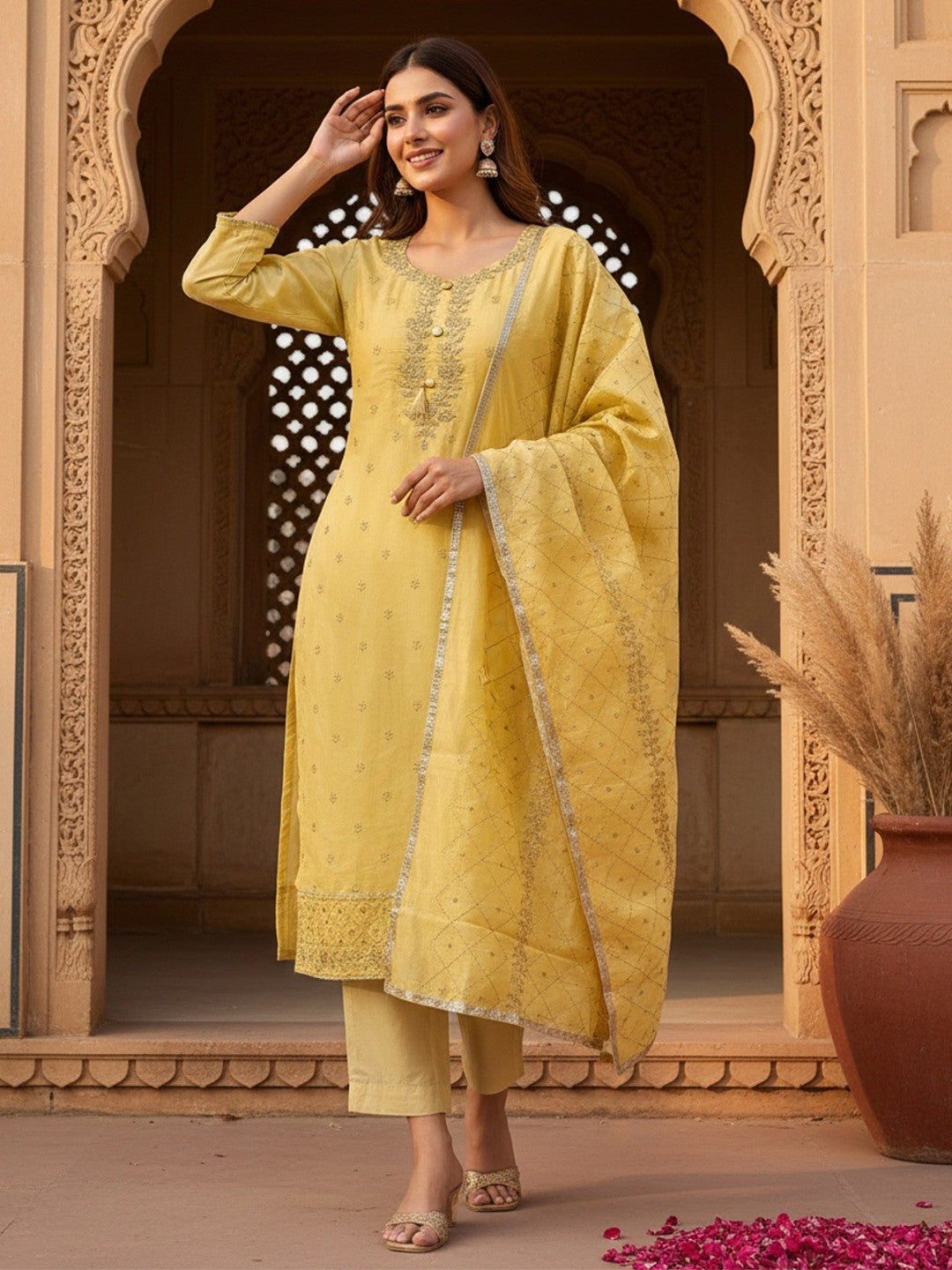 Premium Yellow Floral Embroidery With Zari Work Chanderi Silk Dress Material - Image 2
