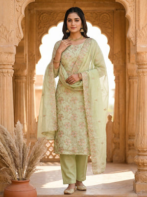 Elegant Green Floral Thread & Zari Embroidered Chanderi Cotton Dress Material - Image 2