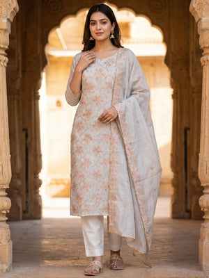 Elegant Light Grey Floral Thread & Zari Embroidered Chanderi Cotton Dress Material - Image 2
