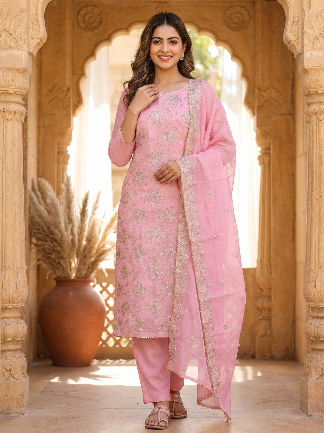 Elegant Pink Floral Thread & Zari Embroidered Chanderi Cotton Dress Material - Image 2