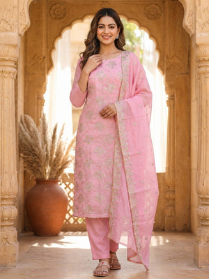Elegant Pink Floral Thread & Zari Embroidered Chanderi Cotton Dress Material - Image 2