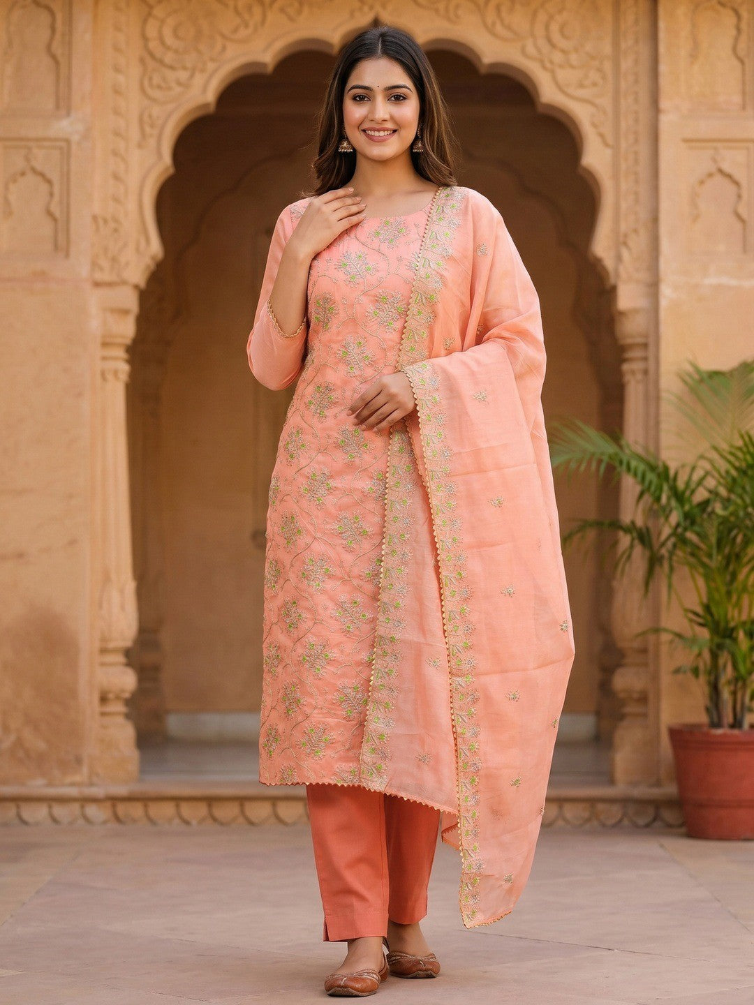 Elegant Peach Floral Thread & Zari Embroidered Chanderi Cotton Dress Material - Image 2