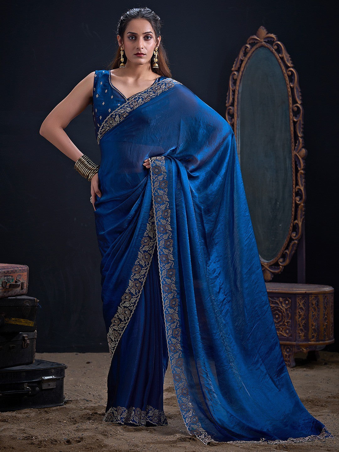 Luxurious Royal Blue Solid Satin Silk Saree Adorned With Floral Stone Work Border - Image 1