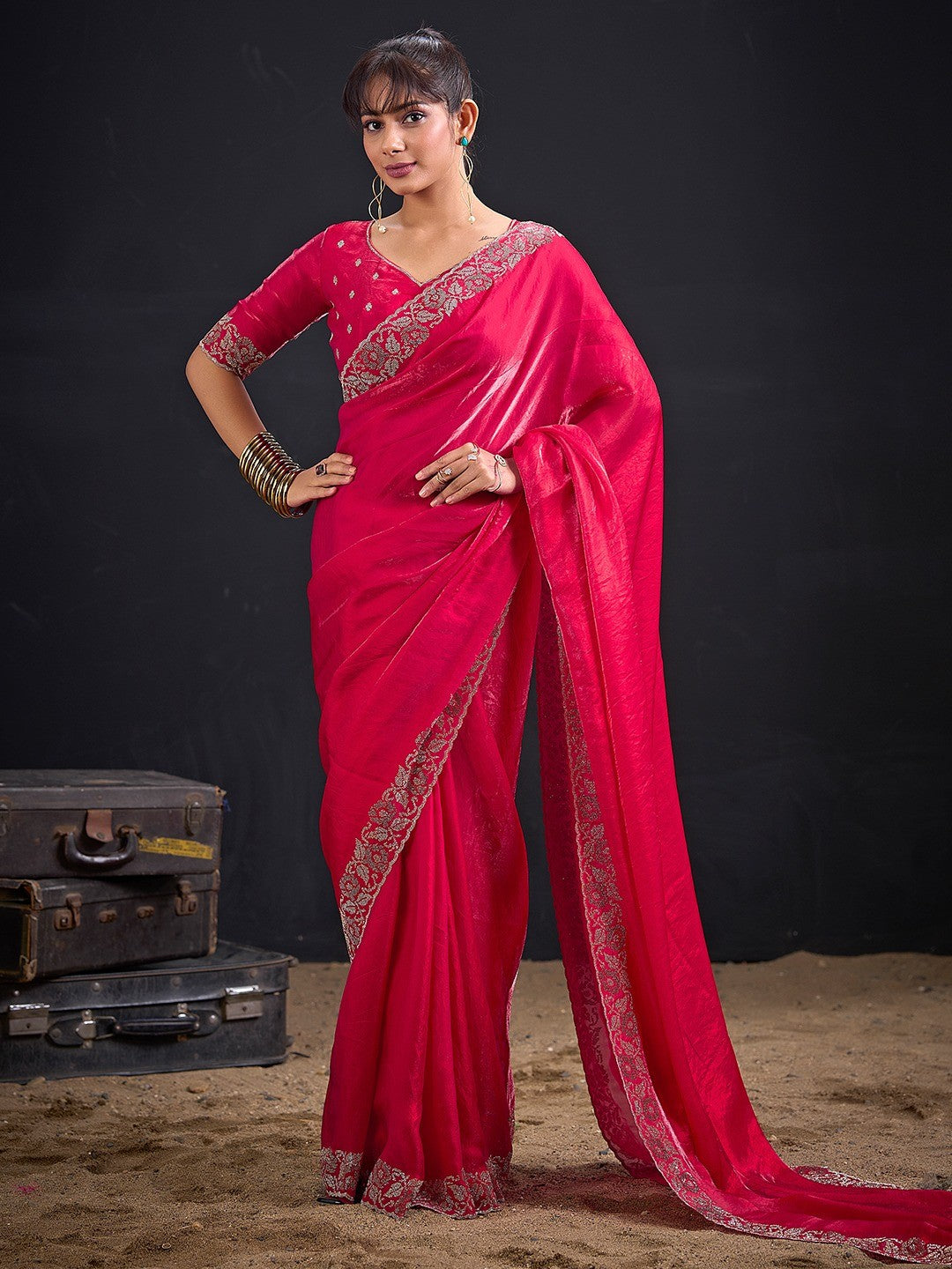 Luxurious Pink Solid Satin Silk Saree Adorned With Floral Stone Work Border - Image 1
