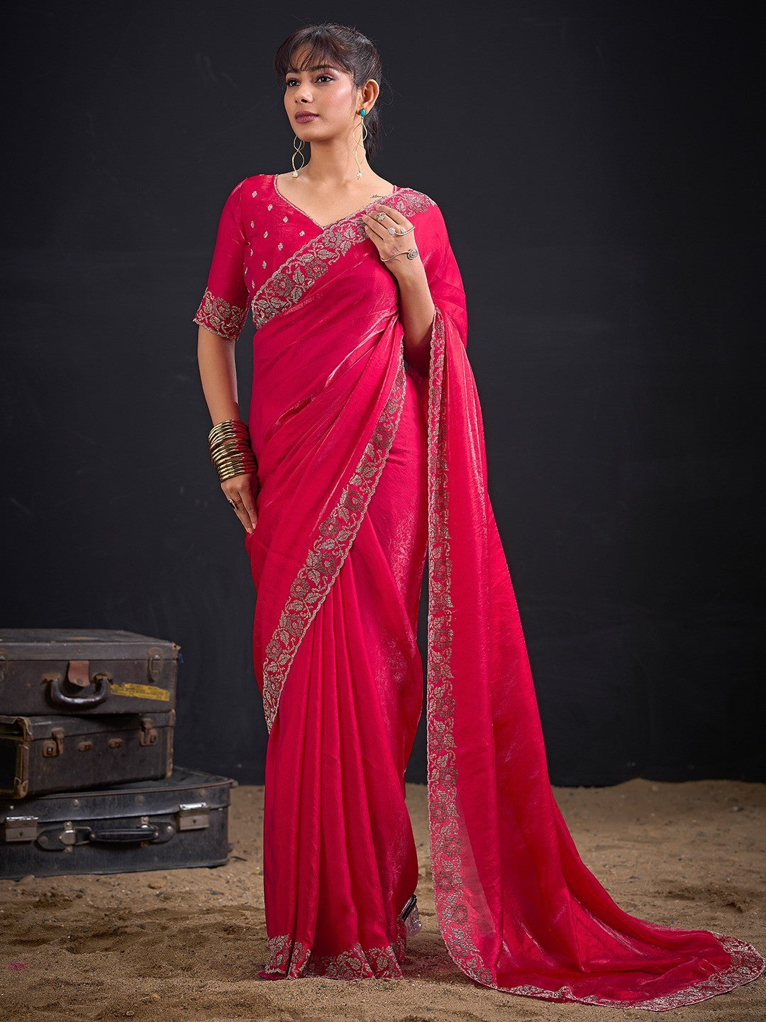Luxurious Pink Solid Satin Silk Saree Adorned With Floral Stone Work Border - Image 4
