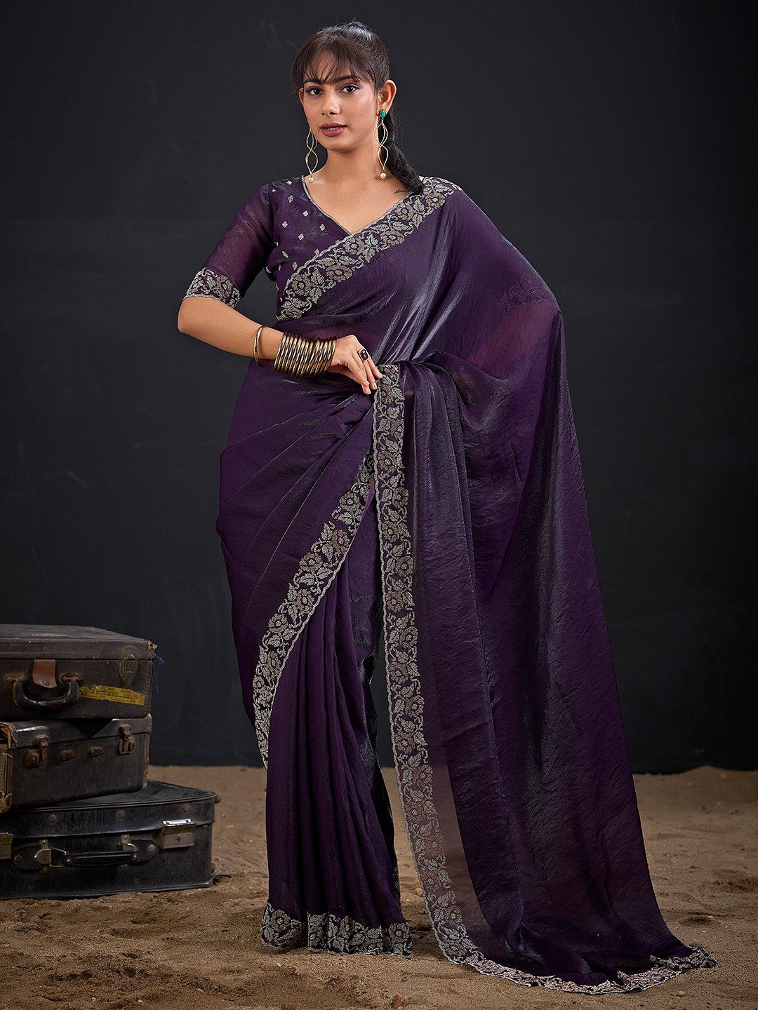 Luxurious Purple Solid Satin Silk Saree Adorned With Floral Stone Work Border - Image 1