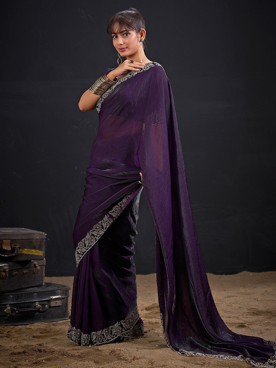 Luxurious Purple Solid Satin Silk Saree Adorned With Floral Stone Work Border - Image 3