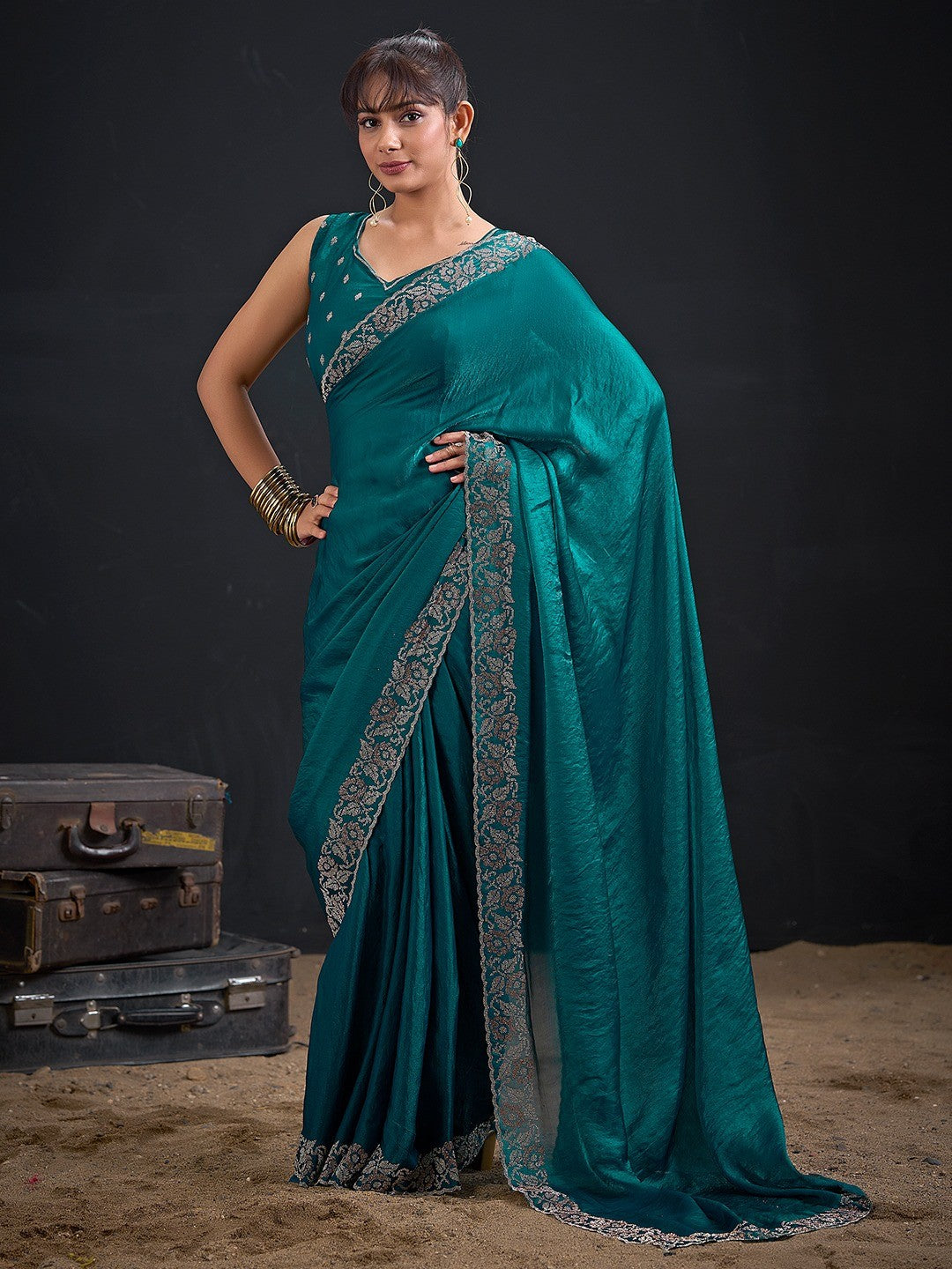 Luxurious Teal Solid Satin Silk Saree Adorned With Floral Stone Work Border - Image 5