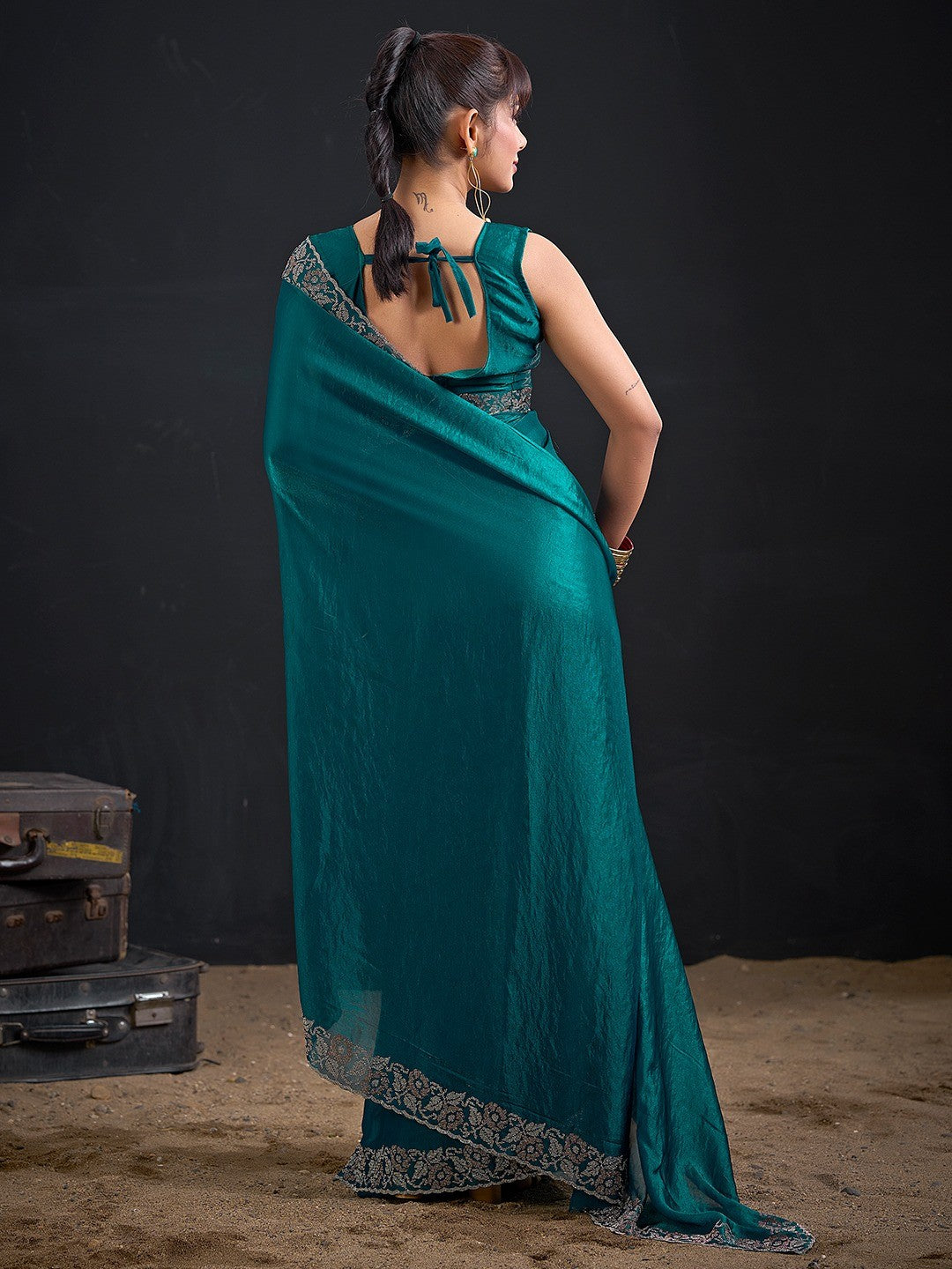 Luxurious Teal Solid Satin Silk Saree Adorned With Floral Stone Work Border - Image 4
