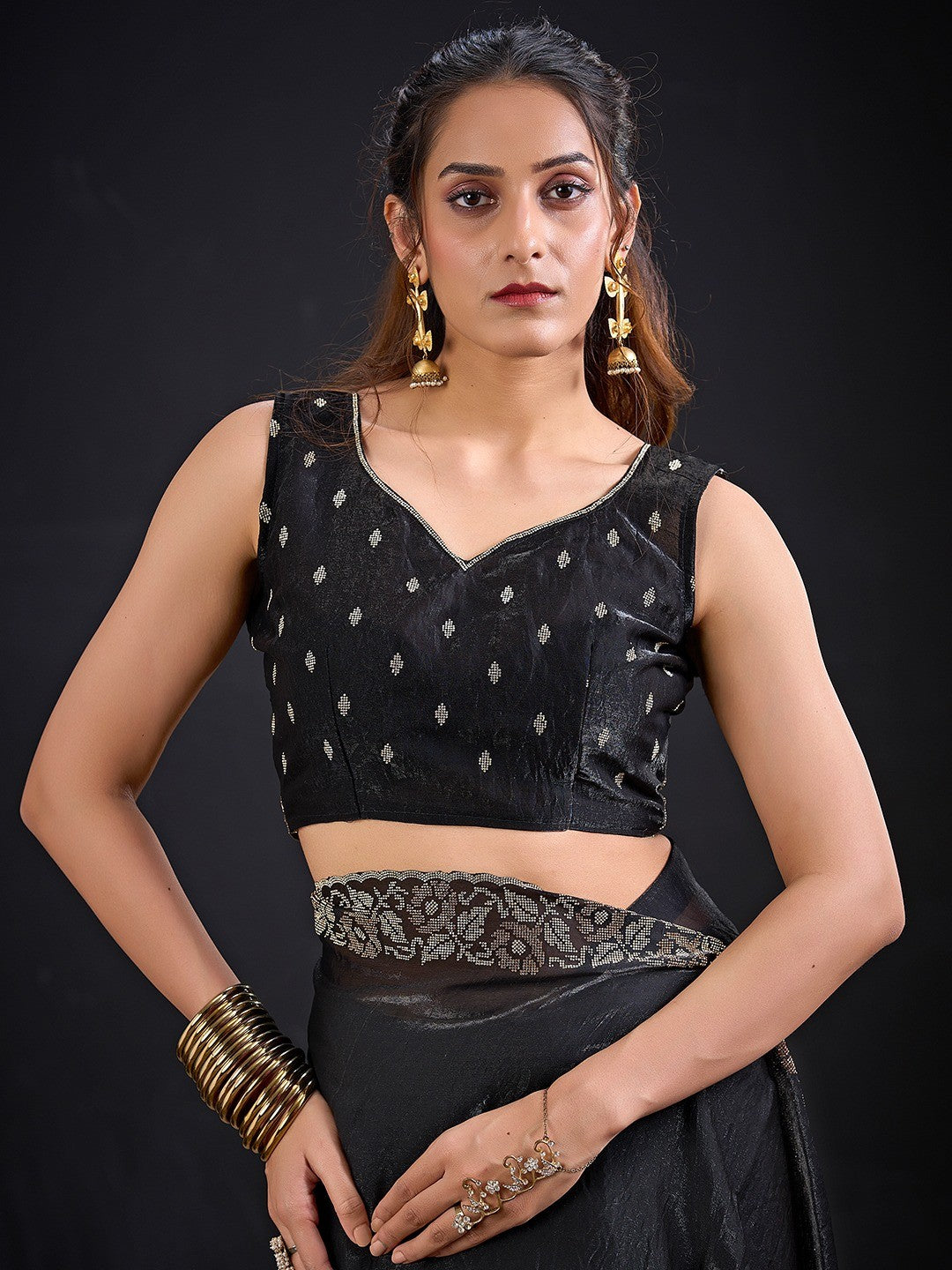 Luxurious Black Solid Satin Silk Saree Adorned With Floral Stone Work Border - Image 2