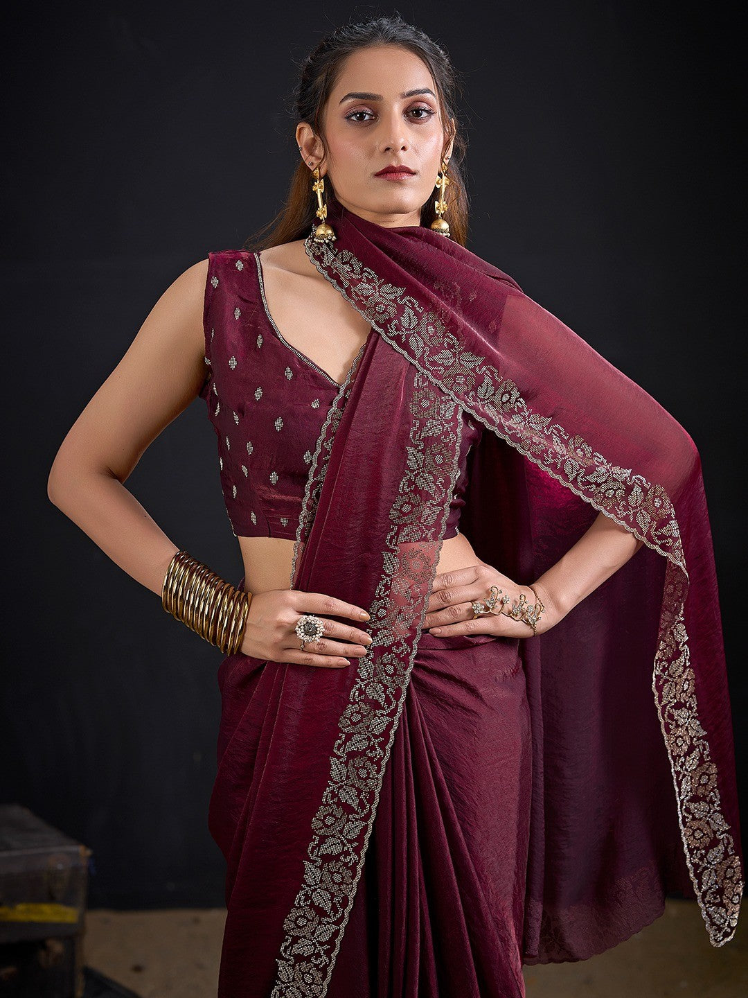 Luxurious Maroon Solid Satin Silk Saree Adorned With Floral Stone Work Border - Image 3