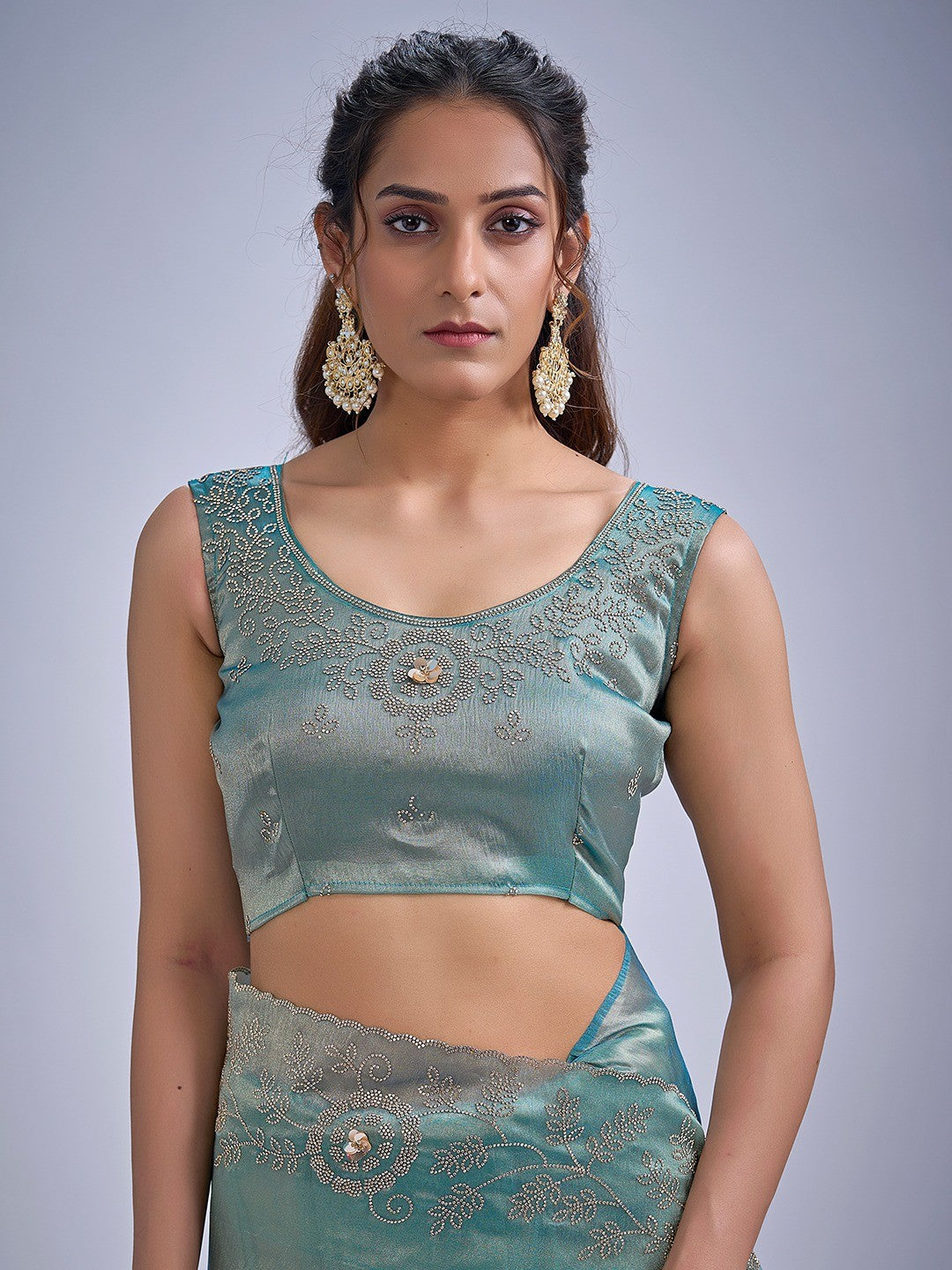 Elegant Turquoise Kanjivaram Silk Saree Adorned With Stone Work & Cut Dana Detailing - Image 2